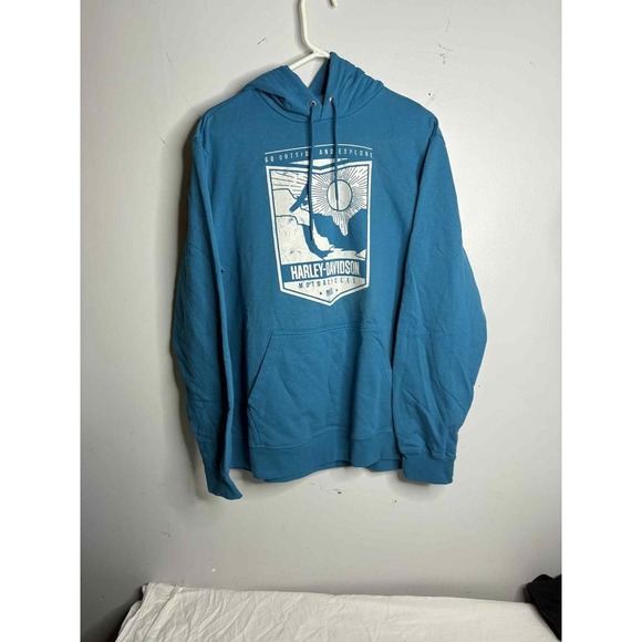 Harley-Davidson Mens Explore Fleece Pullover Hoodie Blue Turquoise size large - Picture 1 of 5